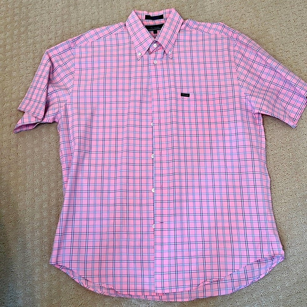 Beautiful Faconnable short sleeved shirt. Size L pink and blue check.